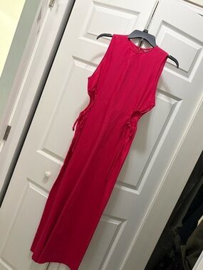 Zara Hot Pink Midi Dress with Side Tie Detail
